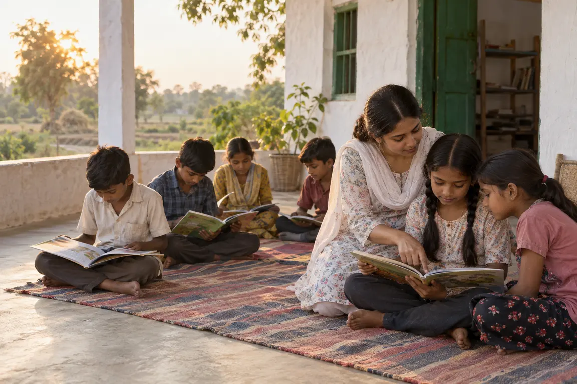Children reading picture books together on a cotton mat on the veranda of a village learning room, a young volunteer kneeling beside them.