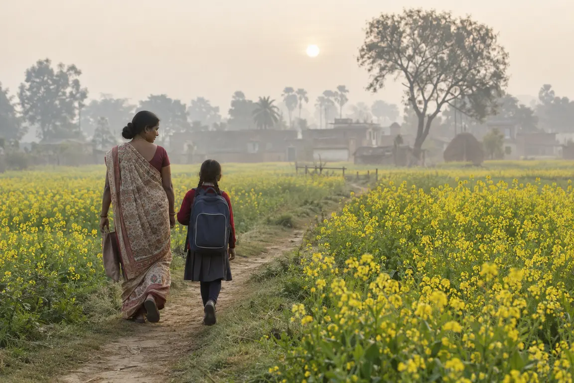 A mother and her daughter with a school bag walking along a path between mustard fields on a misty morning.